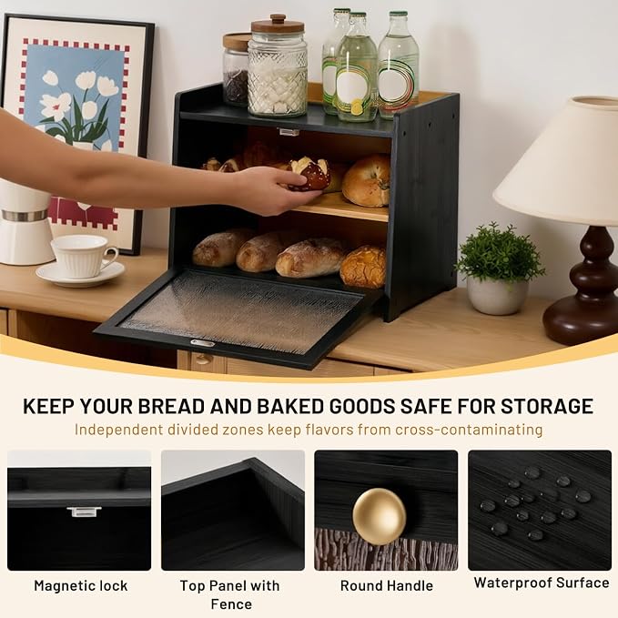Bamboo Bread Box for Kitchen Countertop, 15.7x9.8x12.6 in, Black Color | Double Layer Bread Box, Fluted Acrylic Doors, Farmhouse Bread Box for Homemade Bread, Loaves, Bagels, Muffins & Pastries