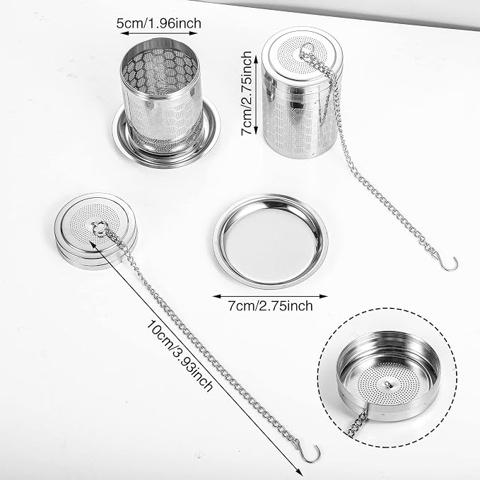 2 Pack Large Tea Infusers For Loose Tea, Stainless Steel Fine Mesh | 304 Stainless Steel, Fine Mesh Filter, Threaded Lid, Chain Hook, Drip Trays, Fits Cups And Teapots, For Tea And Spices