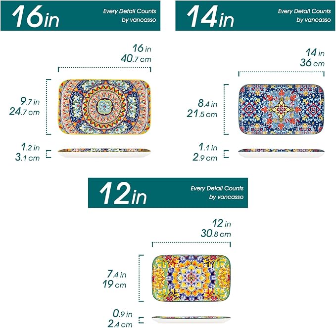 vancasso Serving Platters Set of 3, 16"/14"/12" In Rectangular Trays Retro | Ceramic Serving Dish for Entertaining Food, Microwave & Dishwasher Safe