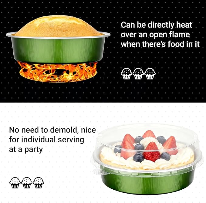 Beasea 20 Pack Mini Tart Pans with Lids, 7.3oz Avocado Green Disposable Aluminum Foil Baking Tins Cups, 4" Round Pie Container for Individual Cupcake Dessert Muffin Cheesecake Quiche Fruit Tart