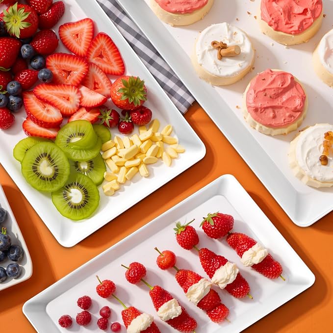 SpaceWhisper Serving Tray, White, 3 Pack, Rectangular Appetizer Platters | Stackable and Lightweight, Glossy PP Plastic,16 x 11 in, 14 x 9 in, 12 x 7 in, for Parties, Buffets, and Everyday Meals