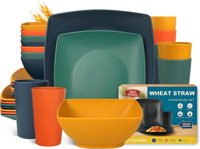 Teivio 32-piece Plastic Wheat Straw Square Dinnerware Set for 8, Unbreakable Dinner Plates, Salad Plates, Snack Bowls, Tumblers 13.5 oz, Dishwasher Safe, Kitchen Camping RV Dish, Autumn Multicolor