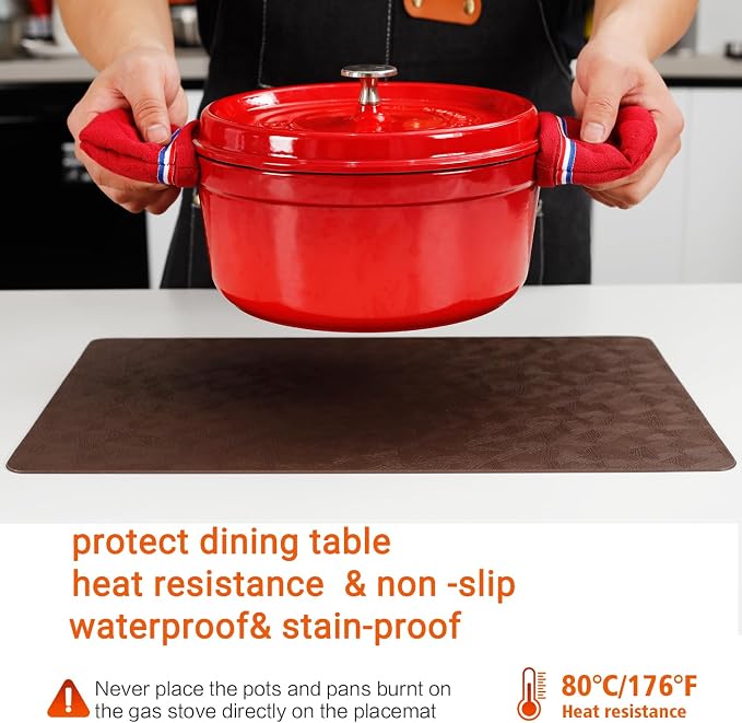 Brown Vinyl Placemats Set of 6 Waterproof Wipeable Table Mats | Heat Resistant Easy Clean Place Mats Faux Leather Table Mats Washable PVC Table Placemats for Dining Table