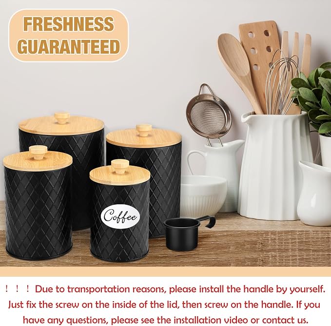 Reallnaive 4 Pcs Black Metal Coffee Canister Set with Bamboo Lid,4 Sizes | Airtight Container for Tea Sugar Flour, Diamond Textured Farmhouse Kitchen decoration, Countertop Organizer with Labels Spoon