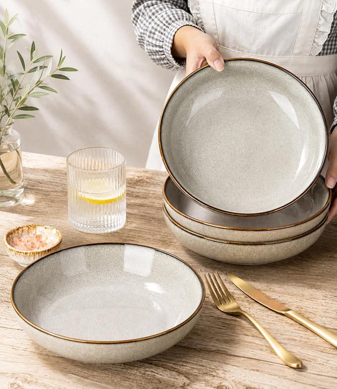 AmorArc 8.5’’ Ceramic Pasta Bowls Set of 6, 36oz Large Stoneware Bowls Set | Large Dinner Serving Bowls Set, Wide Bowl Plate for Pasta,Salad, Soup, Microwave Safe, Reactive Glaze-Green Wheat