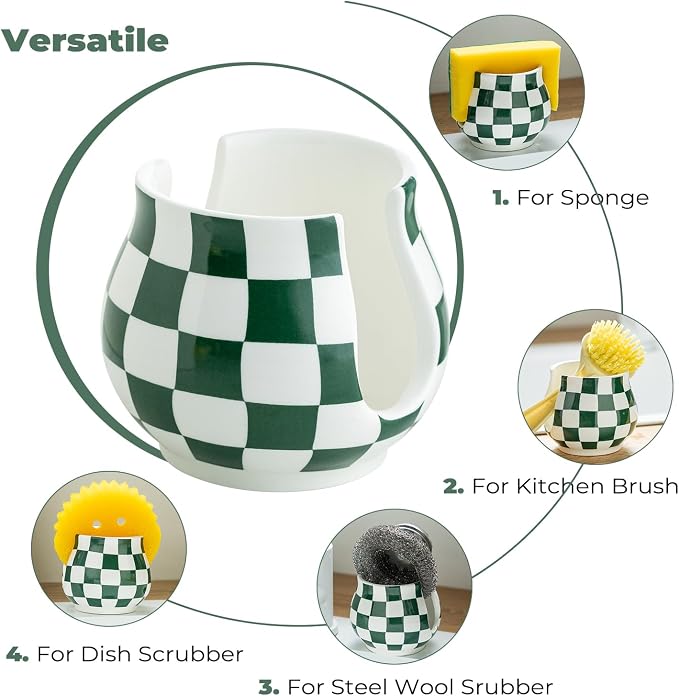 Zoeeker Kitchen Sponge Holder for Sink, Ceramic Checkered Sponge Organizer | Scrubby Caddy Dish Brush Holder Kitchen Storage Accessories for Countertop, Bathroom, Sink, Kitchen Decor, Green and White