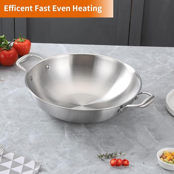 DELARLO Tri-Ply Stainless Steel Wok Pan With Lid, Fast & Even Heat 12Inch Large Stir Frying pan, Induction Saute Pan, Dishwasher Safe Cooking Pan, Induction, Broiler Safe 600℉