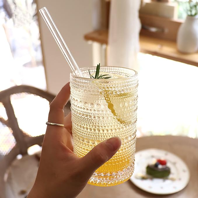 ZOOFOX Set of 6 Vintage Drinking Glasses, 13 oz Clear Hobnail Glasses Tumbler, Embossed Design Glassware for Beverages, Water, Juice, Beer, Cocktail, Whiskey and Milk