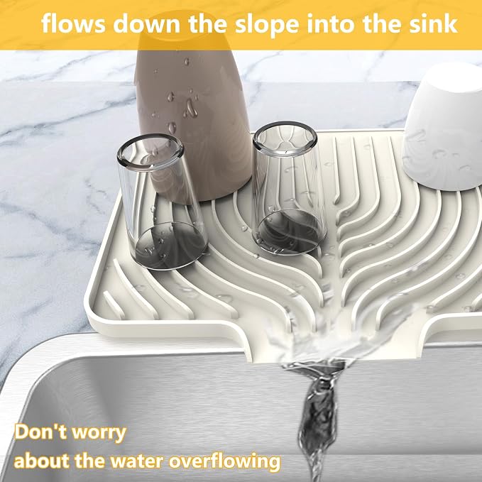 Kitchen Counter Dish Drying Mat, 14.6"x11" Dish Drying Rack(cream) | Various Sizes & Colors,Steep-Slope Built in Drain,High-fin Ventilation,Food-grade Silicone,500F heat resistant,for Flat sinks