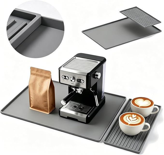 Silicone Coffee Mat 24 x 16 in with Tray, Minimal Light Gray | Coffee bar mat for countertop use, coffee station mat or coffee machine mat with removable tray and 0.47 in raised rim.