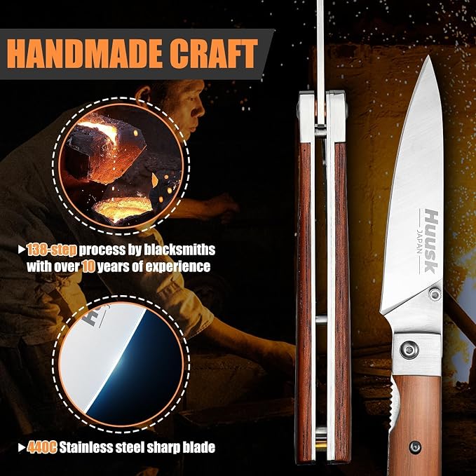 Huusk Japanese Folding Fruit Knife - Pocket Paring Knives | 440C Stainless Steel, Ultra Sharp Blade, Wooden Handle, Gift Box, Portable Kitchen Knives