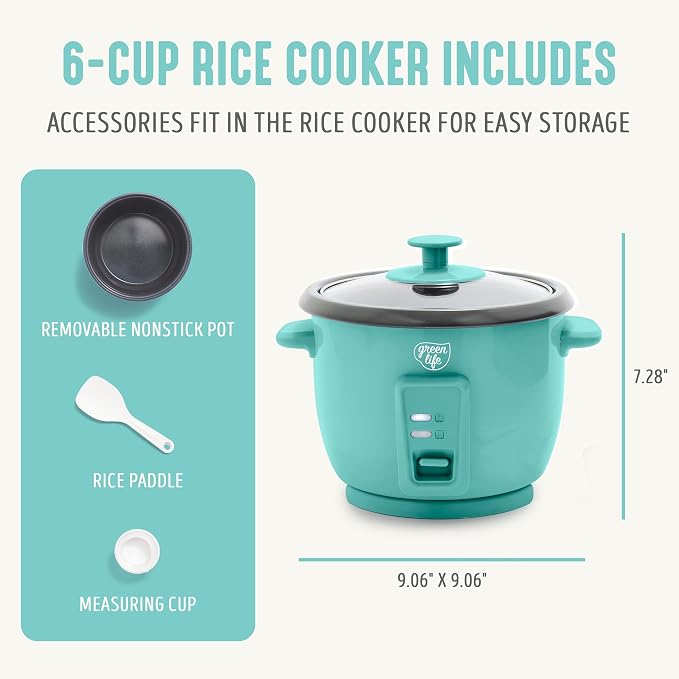 GreenLife Rice Cooker, 3-Cups Uncooked/6-Cups Cooked, Turquoise | PFAS-Free Ceramic Nonstick Removable Pot, One-Switch Design, Grains Multicooker, Keep Warm, Dishwasher Safe Parts, Easy Clean