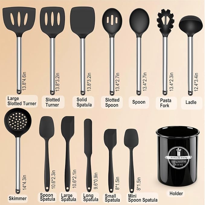 14PCS Kitchen Silicone Cooking Utensils Set with Holder | Heat Resistant, Food-grade Silicone and Stainless Steel, Spatula Set for Nonstick Cookware, Dishwasher Safe,Flexible,Durable