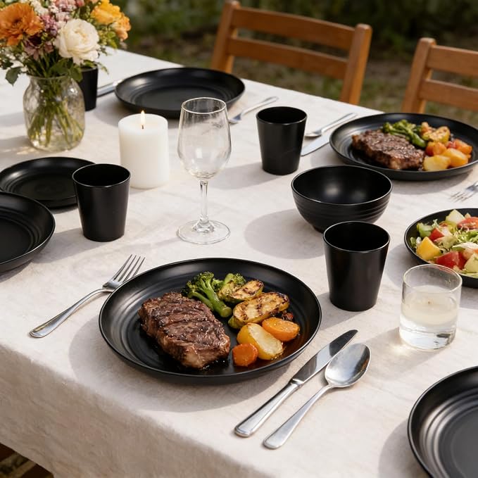 32-Piece Black Wheat Straw Dinnerware Sets, Unbreakable Dish Sets | Durable plastic dishes and reusable plates set for kitchen, ideal for camping, parties, RVs, and everyday family dinners.