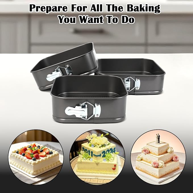 3Pcs Springform Pan, Square Removable Bottom(8/9/10 Inch) | Cake Pan, Leakproof, 50 Pcs Parchment Paper Liners, Nonstick Cheesecake Pans, Baking Tools, home bakery