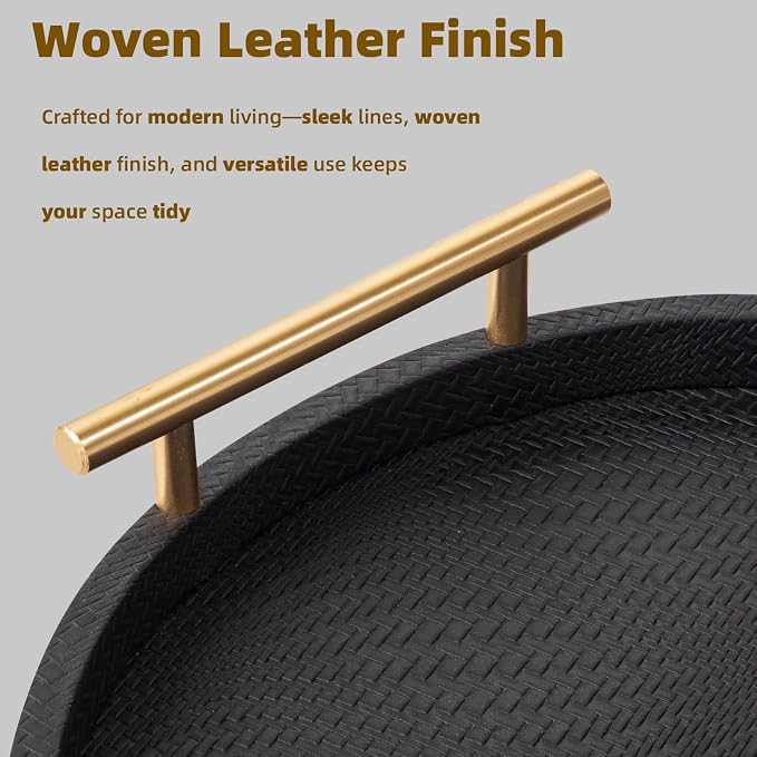 2 Piece Black Round Serving Tray with Handles, Woven-Texture Faux Leather Ottoman Tray for Living Room, Decorative Tray for Coffee Table Home Decor