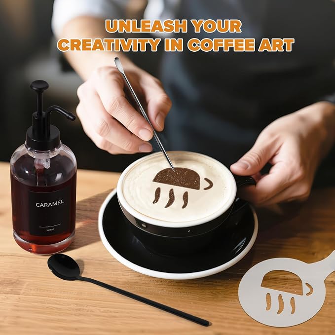Syrup Dispenser for Coffee Bar, Glass Syrup Dispenser with Pump, 16.9 fl oz Honey Bottles, Labels, Spoons, Coffee Art Pen, 3 Pack