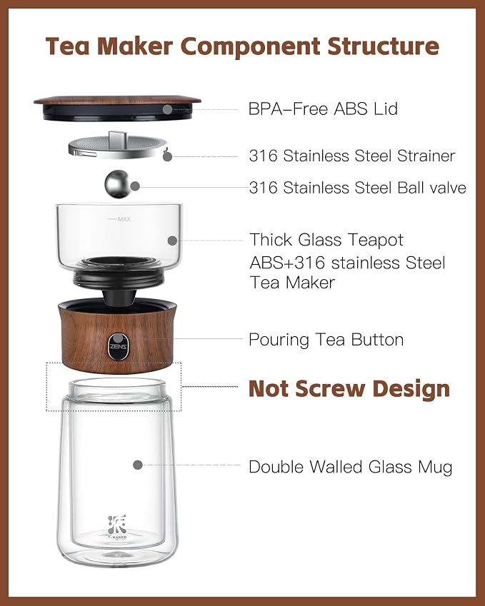 ZENS Glass Infuser Teapot, One Touch Tea Maker for Loose Leaf Tea, Walnut | Modern Tea Diffusers, Magic Tea Pot with 9oz Insulated Mug and Portable Bag for Tea Lovers Gifts