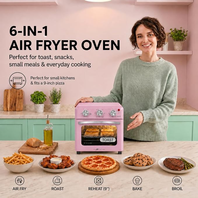 VAL CUCINA 6-in-1 Retro Air Fryer Toaster Oven Combo, Compact 12.7 QT Small Countertop Convection Oven, Fits 9" Pizza & 4 Toast, Hexagon Hybrid Heating, Enamel Baking Pan Included, Pink Color