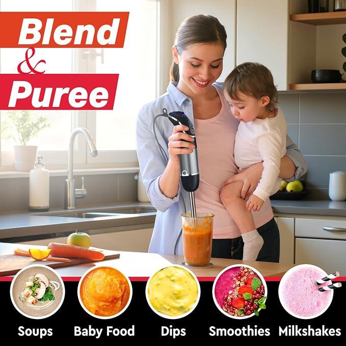 Mueller Multistick 5-in-1 Immersion Blender Handheld, 12-Speed Hand Mixer | Turbo Boost, Heaviest Duty Copper Motor, Titanium Blades Hand Blender, Milk Frother Wand, Whisk, Kitchen Gadgets Black
