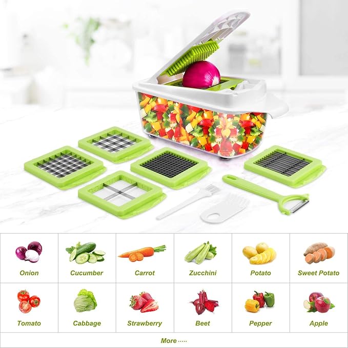 Vegetable Chopper, Food Dicer Chopper, Mandoline Slicer Veggie Cutter | 12 in 1 Food Chopper with Container, Onion Fruit Potato Salad Dicer, Meal Prep for Kitchen, 5 Blades, Light Green