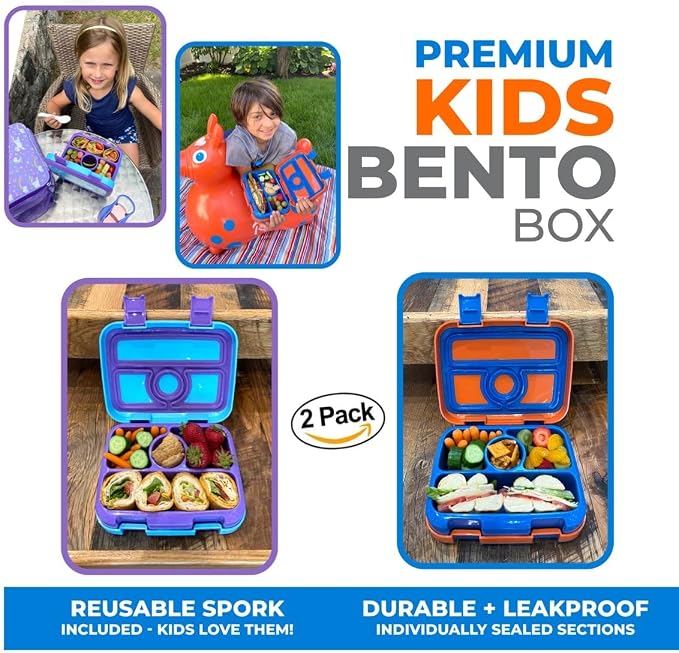 kinsho Bento Lunch Box, Boxes for Kids Toddlers Boys Girls, 4 Portion Divided Sections Secure Lid, BPA Free Removable Tray, Pre-School Kid Daycare Lunches Snack Container, Blue Purple Aqua 2 Pack Set