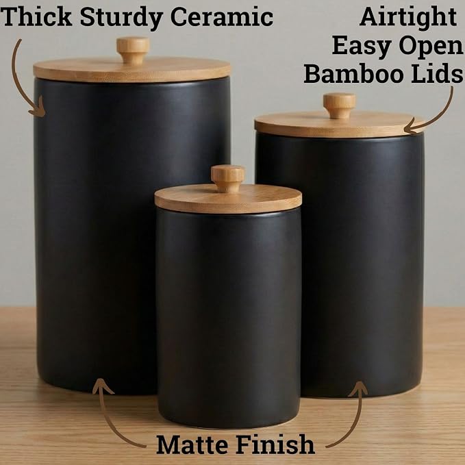 Ceramic Kitchen Canisters for Countertop Set of 3 w/ Airtight Bamboo Lids | Thick Sturdy Ceramic, Matte Finish, Airtight Easy Open Bamboo Lids, Comfortable Bamboo Handles, Jar Volumes: 2, 1, 0.5 quarts