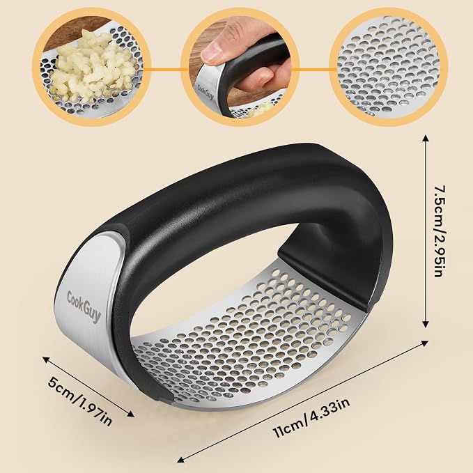 Cook Guy 304 Stainless Steel Garlic Press Rocker Set | Premium Garlic Mincer, Crusher, Peeler and Scraper Tool for Effortless Mincing - Comfortable Grip Garlic Grinder (Silver)