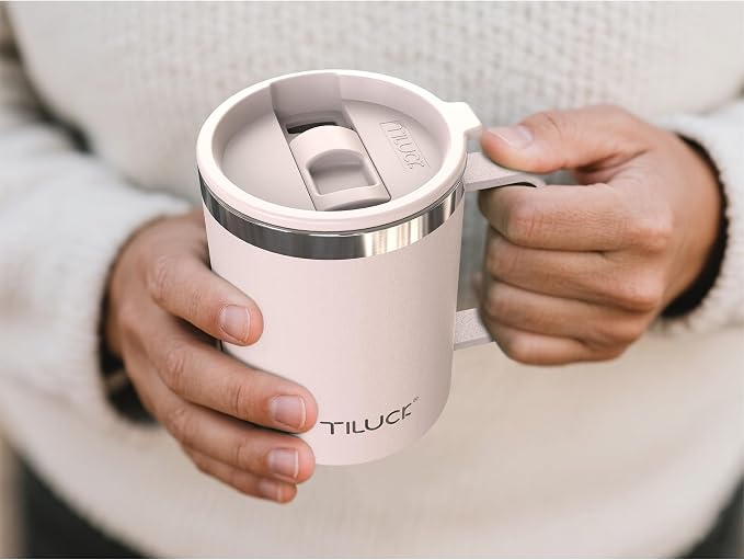 TILUCK 12 oz Insulated Coffee Mug with Lid and Handle | BPA-Free Lid, Double-Wall Vacuum Insulation, Stainless Steel Coffee Cup, Dishwasher Safe Mug for Hot & Cold Drinks,SakuraPink
