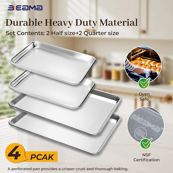 BIEAMA Aluminum Baking Sheet Pan Set of 4, 18" x 13"+ 13" × 10" | Includes 2 Half Sheet Pans & 2 Quarter Size Commercial Heavy Duty Cookie Sheets for Oven