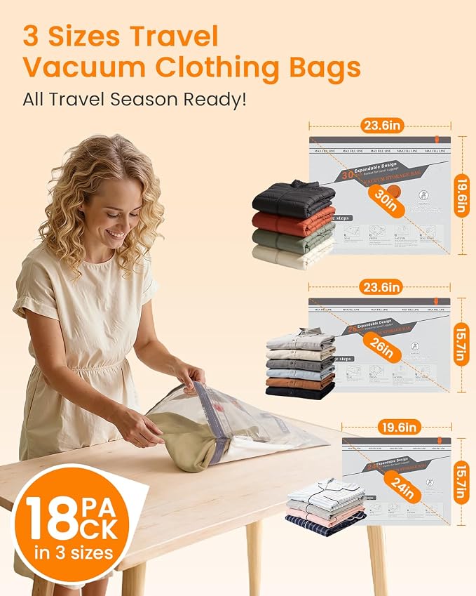 Vacuum Seal Bags for Clothing Travel with Rechargeable Cordless Pump, 18 Pack Compression Space Saver Bags for Packing, Luggage and Seasonal Storage