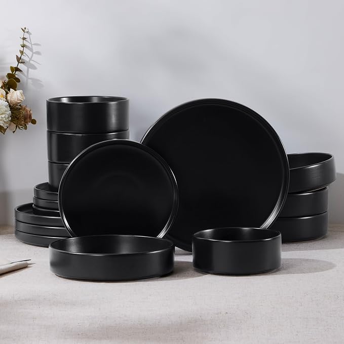 E-far 16-Piece Stoneware Dinnerware Sets with Pasta Bowls, Matte Black | Black Plates and Bowls Sets for 4, Chip and Scratch Resistant, Microwave & Dishwasher Safe Kitchen Modern Dish Set
