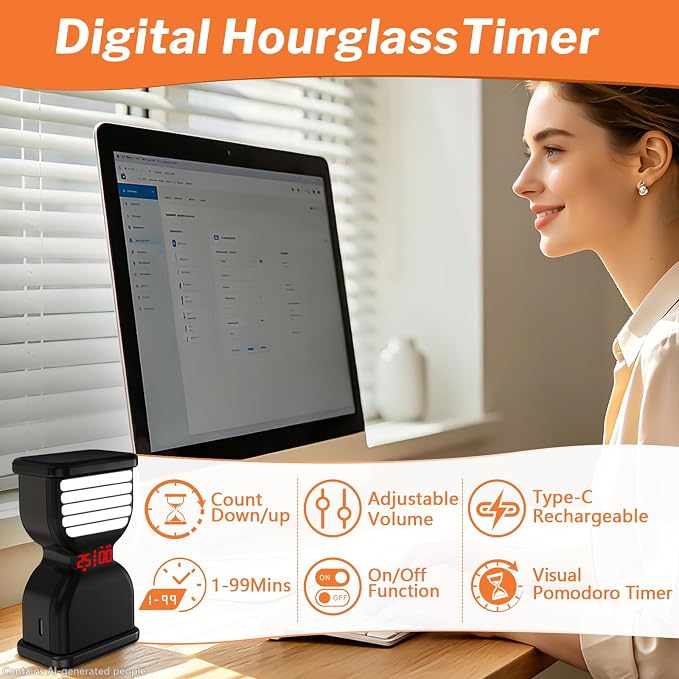 Pomodoro Timer for Productivity, Visual Digital Hourglass Timer | 5/25Min Preset, Custom Countdown Count-up, On/Off, Loud Alarm Mute, Rechargeable Flip Timer for ADHD Tool Study Work Kitchen