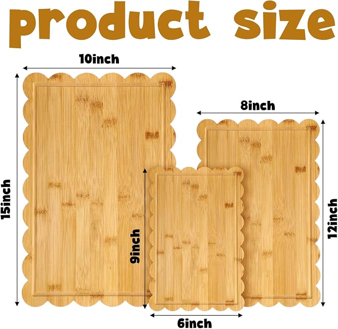 3 Pcs Bamboo Wood Scalloped Cutting Boards for Kitchen, Medium | Juice Groove, Blank Wood Charcuterie Tray, Snack Cheese, Appetizers Grazing Platter, Engraving Gift, Crafts Rustic Wall