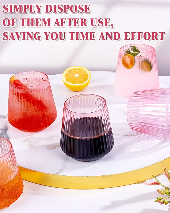 Ciaell 30 Pack Pink Plastic Wine Glasses for Weddings Parties | 12 oz Clear Pink Ribbed Origami Stemless Wine Cups, Heavy Duty Plastic, Champagne Wine Cocktails Whiskey for Baby Showers