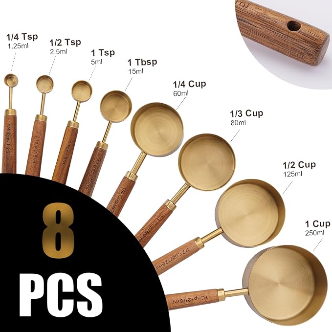 SHIKORI Gold Measuring Cups and Spoons Set with Wood Handles 8PCS | Premium Stainless Steel Measuring Spoons and Measuring Cups Set,Ideal for Dry & Liquid Ingredients(Gold)