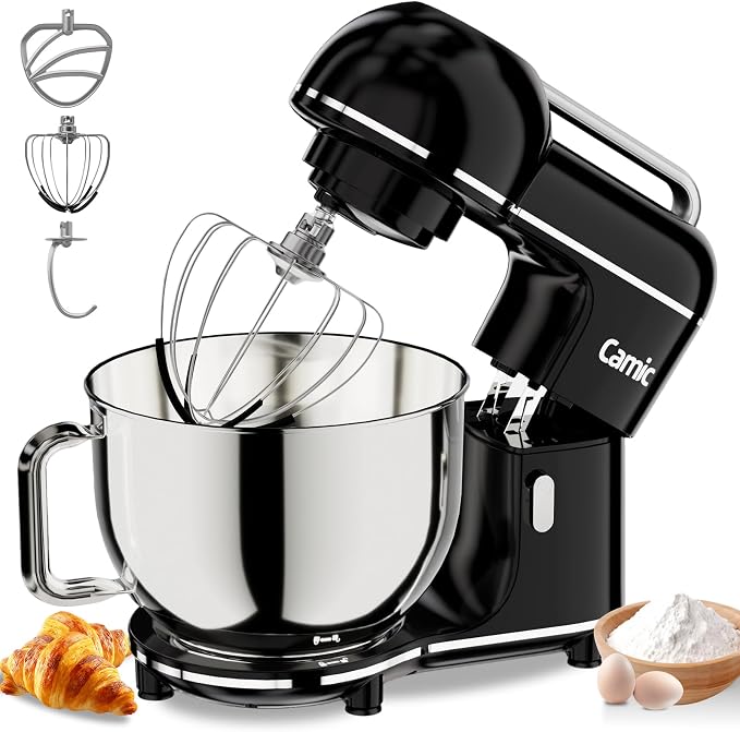 Camic Electric Stand Mixer,7.45 QT,10 Speeds with Dough Hook,Whisk, Flat Beater Attachments, Splash Guard, Easy-Carry Top Handle,3-IN-1 Kitchen Mixer for Baking Cakes Cookie Bread Salad (Black)
