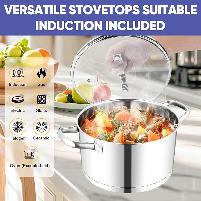 TeamFar 8QT Stock Pot with Lid, Stainless Steel Tri-ply Bottom Cooking Pot | for Vegetable Pasta Soup, Works with Induction/Gas/Glass/Ceramic Stoves, Non-toxic & Sturdy, Straight Side & Riveted Handles