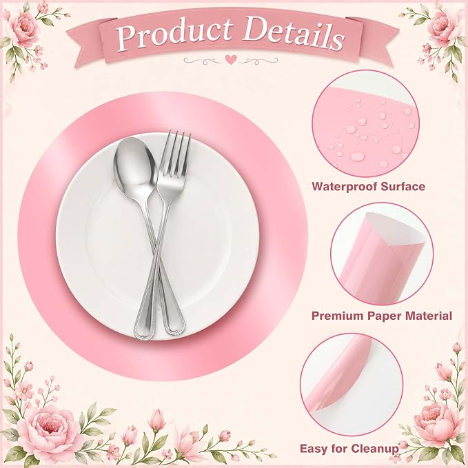 100PCS 13in Round Pink Placemats, Disposable Paper Chargers Plate | Mirrored Pink Paper Placemats for Dining Table, for Wedding Birthday Party Bridal Baby Shower Kitchen Banquet Table Setting
