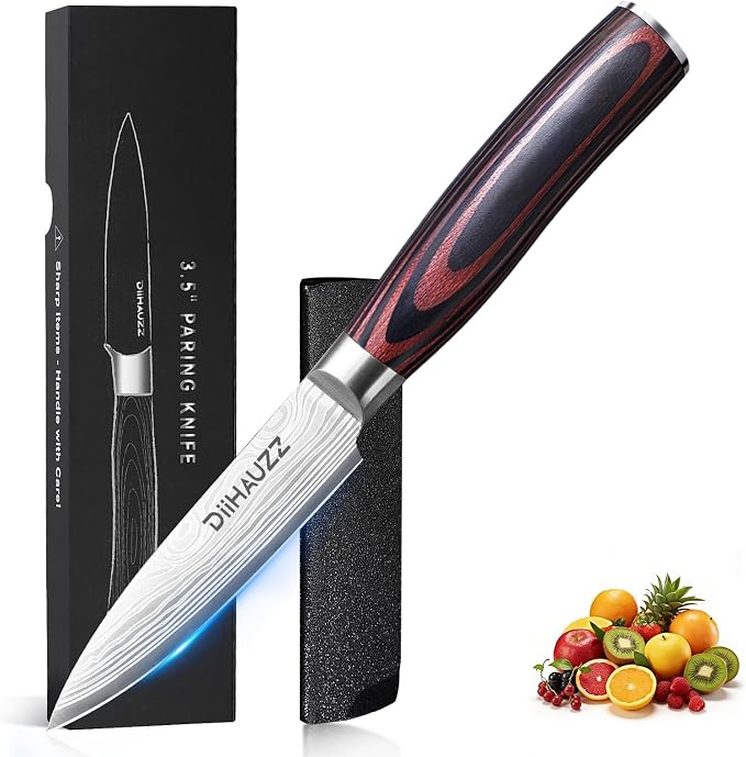 DiiHAUZZ Paring Knife, 3.5 Inch Fruit Knife, High Carbon Stainless Steel | Ultra Sharp 12-15° Blade, Ergonomic Pakkawood Handle No Cracking, Peeling Fruits Cutting Slicing Vegetable, Gift Box & Sheath
