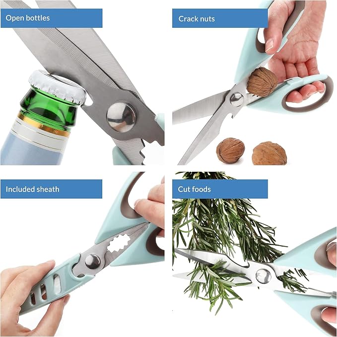 Multifunctional Stainless Steel Kitchen Scissors Set, Heavy Duty Food Scissors with Safety Cover, Sharp Utility Shears for Chicken, Meat, Vegetables, Herbs, 2 Pack