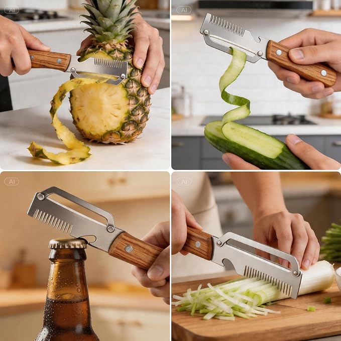 Julienne Peeler Vegetable Peeler for Veggie Potato Carrot(2 Pack) | Multifunctional Cabbage Shredder | 3 in 1 Peeler and Julienne Shredder Tool | Wooden Handle | Bottle Opener