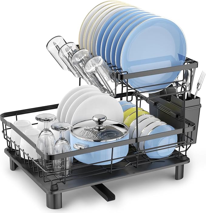 Small 2 Tier Dish Drying Rack, Space Saving Dish Racks for Kitchen Counter, Kitchen Organizer Dish Drainer with Cutlery Holder for Spoons and Forks, 11''W x 15''L, Black