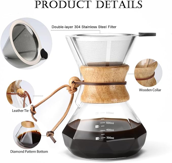 Lalord Pour Over Coffee Maker, 600ml/20oz Borosilicate Glass Carafe with Stainless Steel Filter & Wooden Collar, 3-4 Cups Capacity, Clear