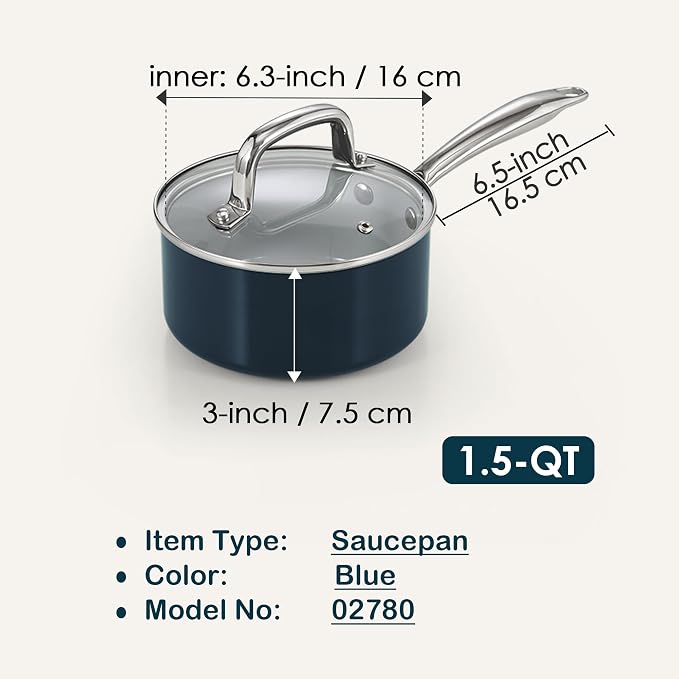Cook N Home Classic 1.5 Quart Ceramic Nonstick Saucepan with Glass Lid, Everyday Milk Soup Oatmeal Cooking Pan, Non Stick Small Sauce Pan Pot, Stay-Cool Handle, Induction Ready, Blue