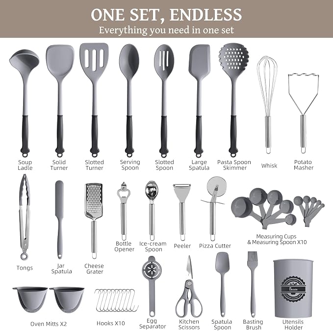 Kikcoin 43 PCS Silicone Kitchen Utensils Set, Dishwasher Safe Kitchen Cooking Utensils Set, 446°F Spatulas Silicone Heat Resistant, Non Toxic Silicone Utensils Set With Two-Tone Grip Handles, Gray