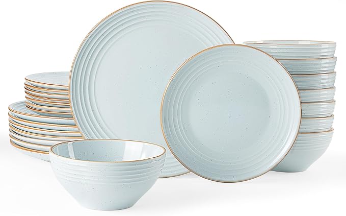 Famiware Jupiter Stoneware Dinnerware Sets for 8, Rimmed Plates and Bowls | 24-Piece Ceramic Speckled Dish Set, Chip & Scratch Resistant, Microwave & Dishwasher Safe, Rustic Modern Style, Neutral Blue