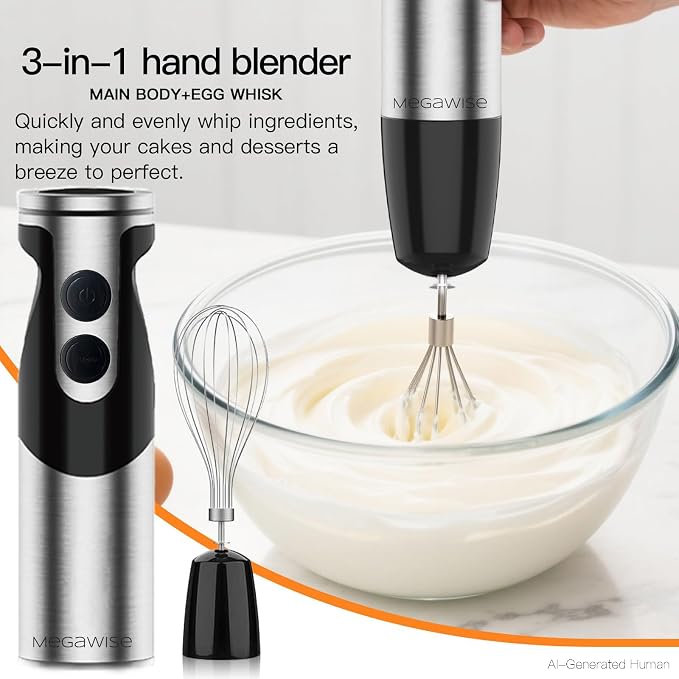 MegaWise Hand Blender, Immersion Blender Handheld 12-Speed with 80% Sharper Blades, Titanium Reinforced Stainless Steel 3-in-1 Immersion Blender,Includes Whisk and Milk Frother (3-in 1 Black)