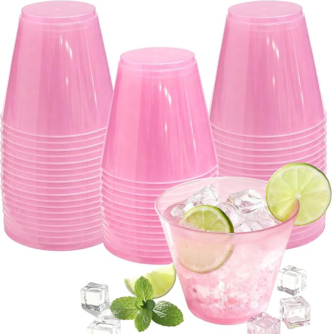 Glowserve 9 OZ Pink Disposable Plastic Cups Cocktail Cup 50 Pack | Fancy Cocktail Cup,Stemless Wine Glass,Wedding Wine Glasses,Graduation Birthday,World Cup,Party Essentials