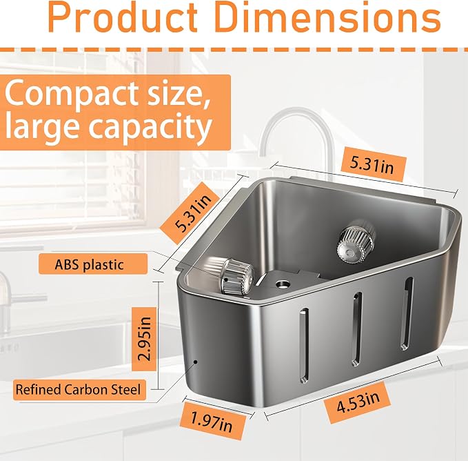 Suction Cup Sink Organizer, Stainless Steel Sink Caddy with Strong Suction Cups That Won't Tip Over, Large Capacity Kitchen Sink Organizer Countertop Space Saver